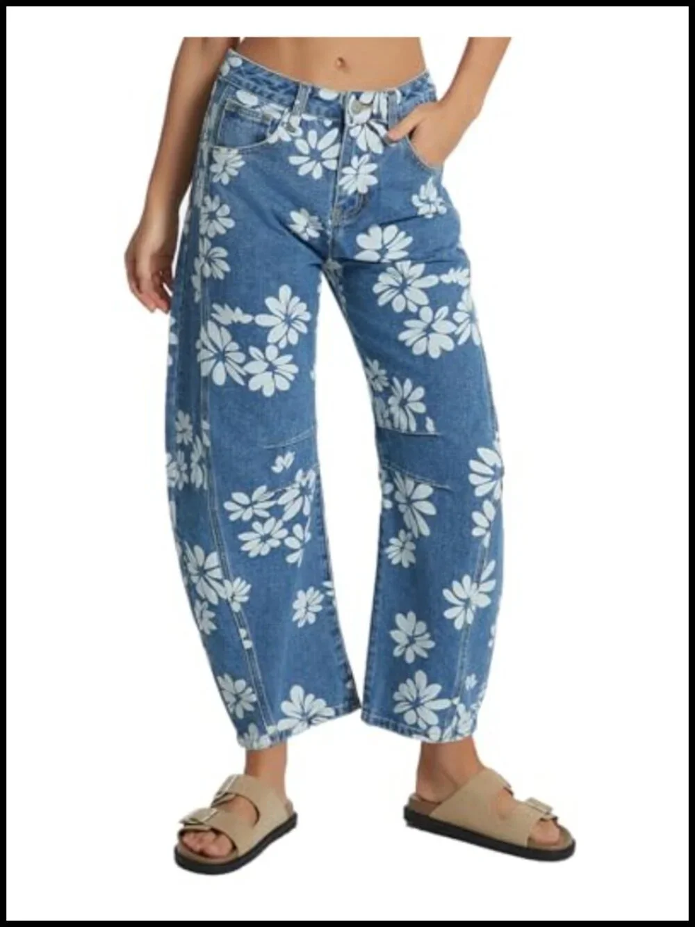 Baggy Barrel Jeans Wide Leg Mid Rise Y2K Boyfriend Floral Printed Ankle Denim